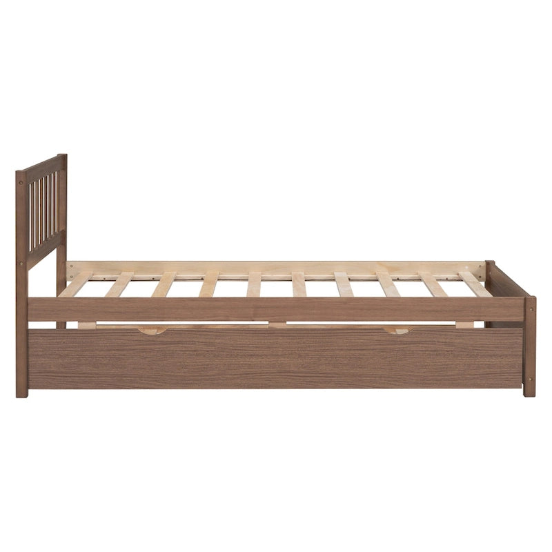 Struttura letto a piattaforma matrimoniale in legno di gomma color noce marrone con letto estraibile, design moderno, nessun bisogno di rete a molle