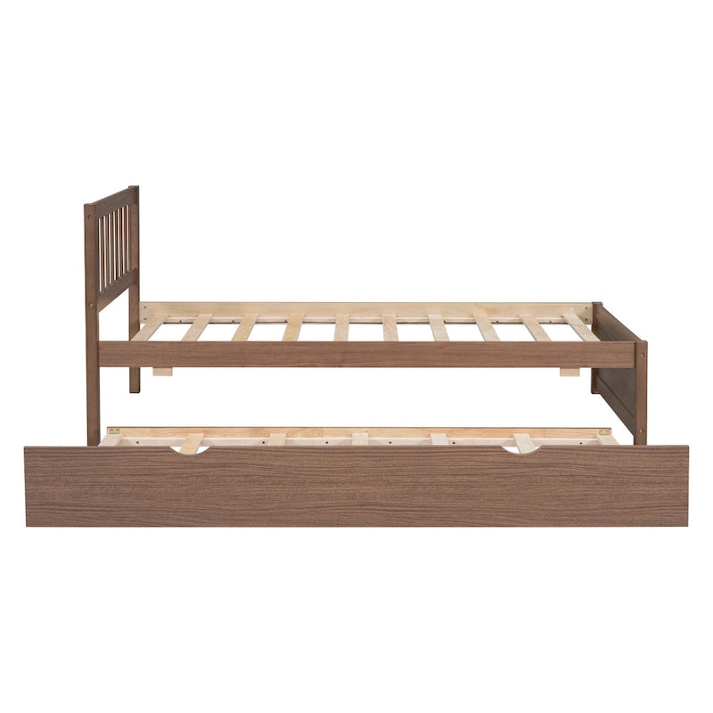 Struttura letto a piattaforma matrimoniale in legno di gomma color noce marrone con letto estraibile, design moderno, nessun bisogno di rete a molle