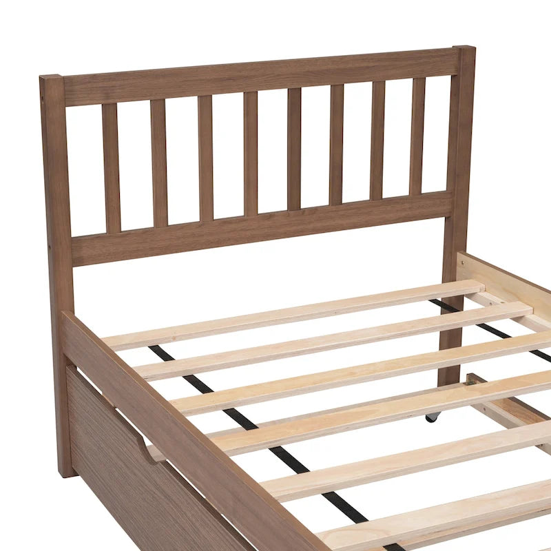 Struttura letto a piattaforma matrimoniale in legno di gomma color noce marrone con letto estraibile, design moderno, nessun bisogno di rete a molle
