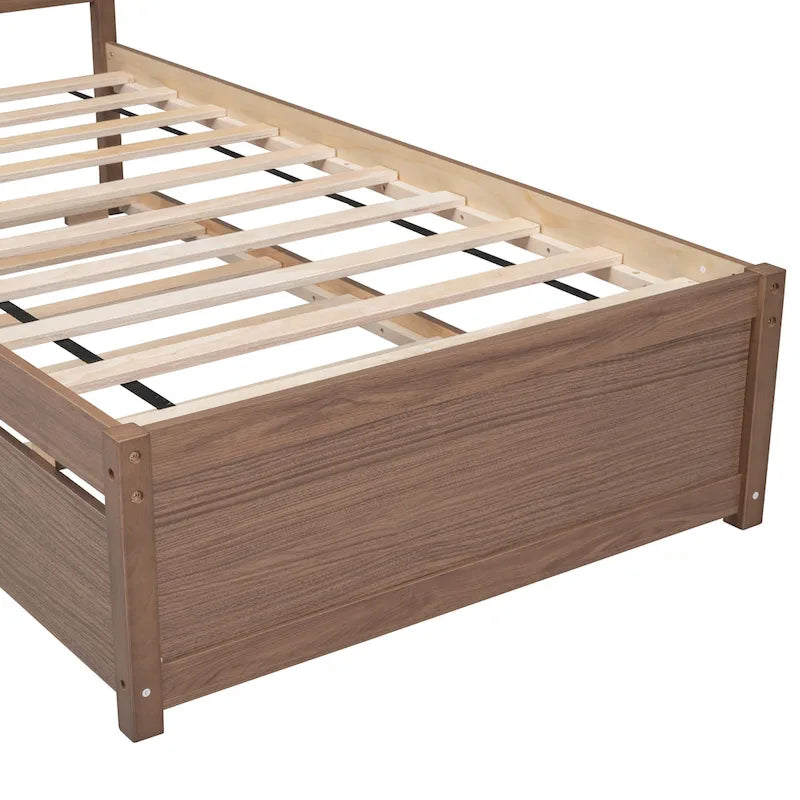 Struttura letto a piattaforma matrimoniale in legno di gomma color noce marrone con letto estraibile, design moderno, nessun bisogno di rete a molle