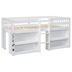 Letto a soppalco basso in legno per due persone con ripiani a due livelli e LED