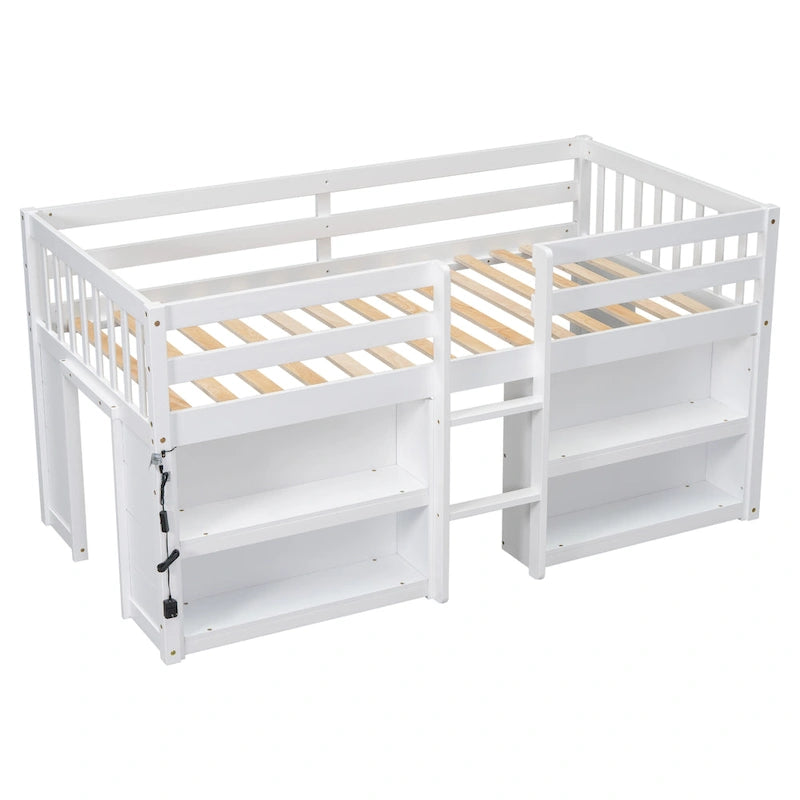 Letto a soppalco basso in legno per due persone con ripiani a due livelli e LED