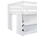 Letto a soppalco basso in legno per due persone con ripiani a due livelli e LED