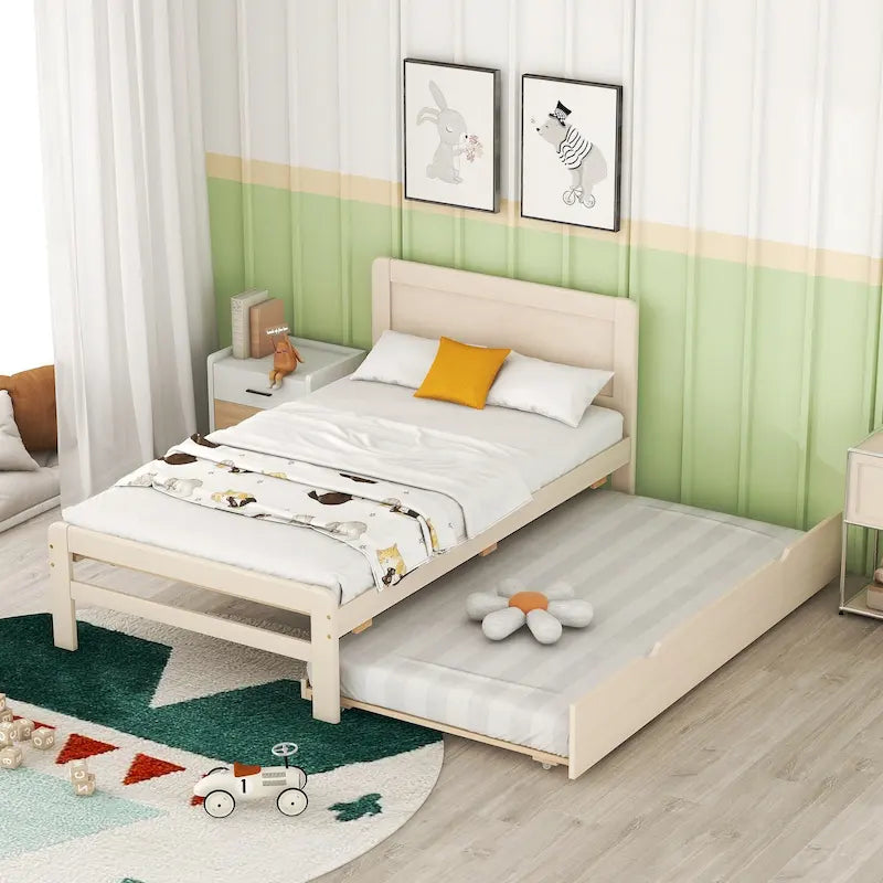 Letto a piattaforma singolo bianco in legno massello con letto estraibile e testiera moderna in legno