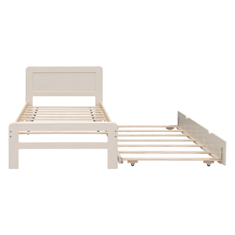 Letto a piattaforma singolo bianco in legno massello con letto estraibile e testiera moderna in legno