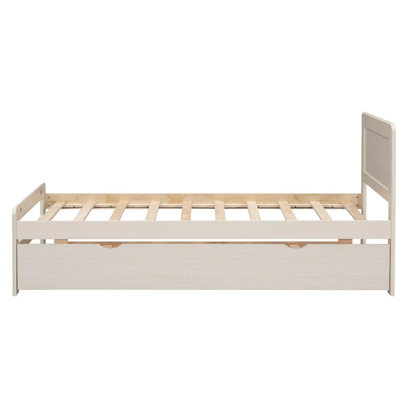 Letto a piattaforma singolo bianco in legno massello con letto estraibile e testiera moderna in legno