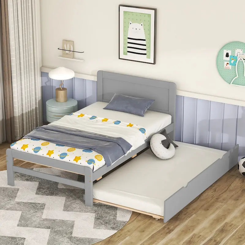 Struttura letto a piattaforma doppia grigia in legno massello con letto estraibile e testiera moderna in legno