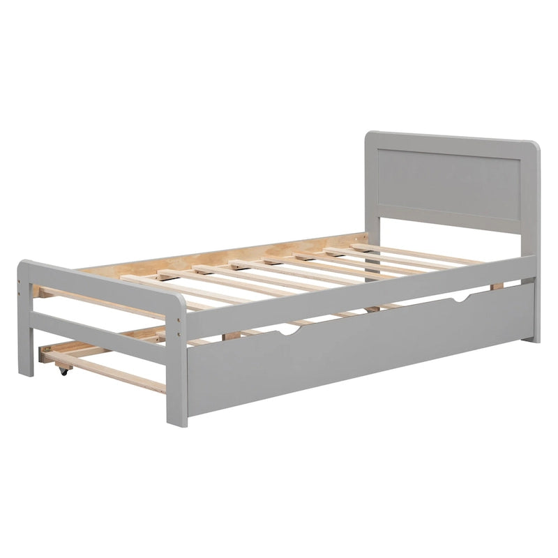Struttura letto a piattaforma doppia grigia in legno massello con letto estraibile e testiera moderna in legno