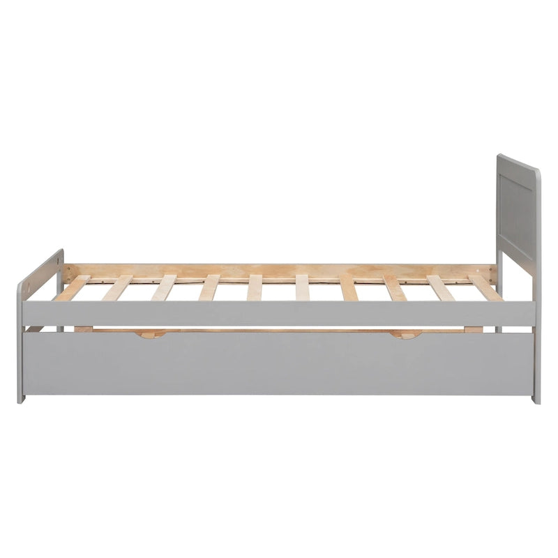 Struttura letto a piattaforma doppia grigia in legno massello con letto estraibile e testiera moderna in legno