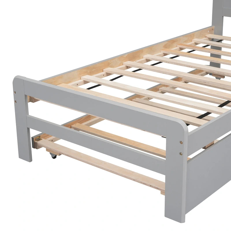 Struttura letto a piattaforma doppia grigia in legno massello con letto estraibile e testiera moderna in legno