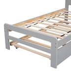 Struttura letto a piattaforma doppia grigia in legno massello con letto estraibile e testiera moderna in legno