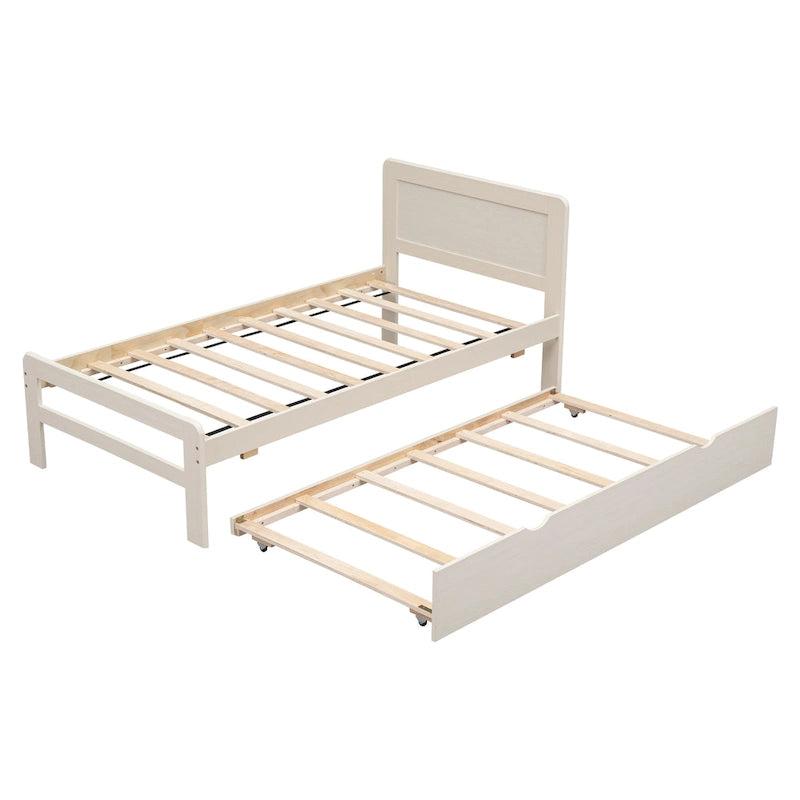 Struttura letto a piattaforma singola in legno massello bianco con letto estraibile e testiera moderna in legno