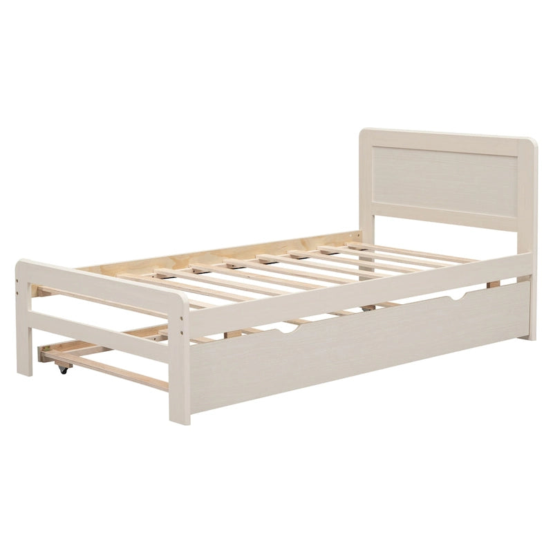 Struttura letto a piattaforma singola in legno massello bianco con letto estraibile e testiera moderna in legno