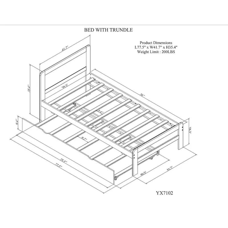 Struttura letto a piattaforma singola in legno massello bianco con letto estraibile e testiera moderna in legno