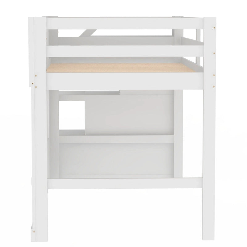 Letto a soppalco in legno massello con scala contenitore e finestra