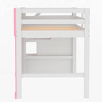 Letto a soppalco in legno massello con scala contenitore e finestra