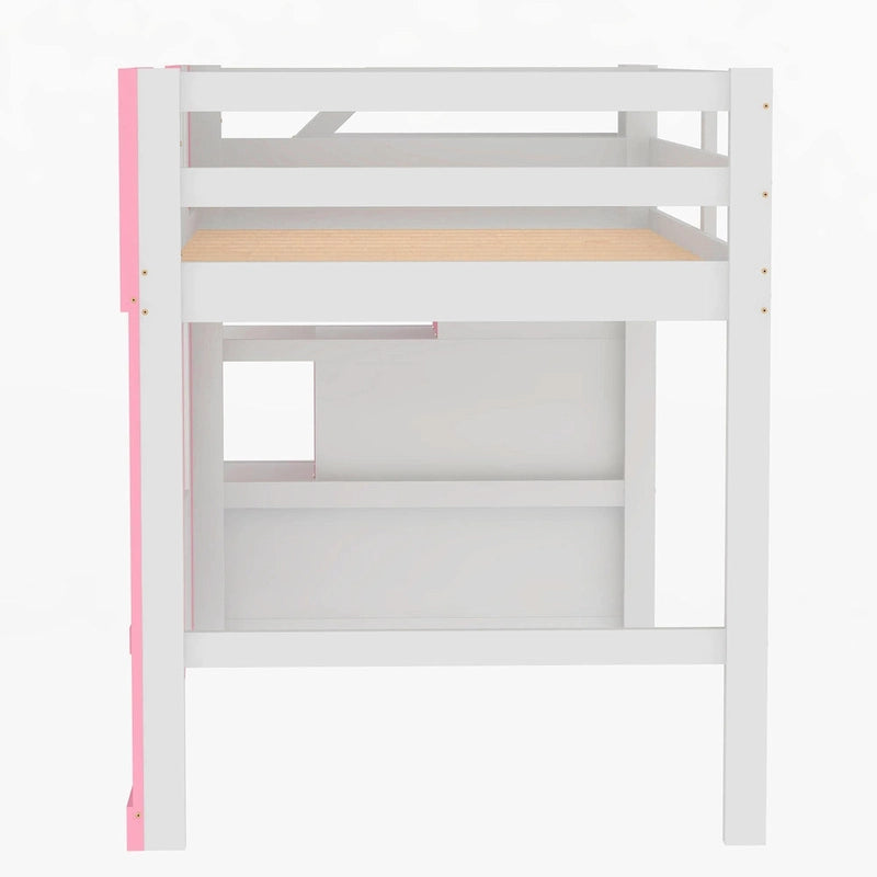 Letto a soppalco in legno massello con scala contenitore e finestra