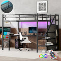 Letto a soppalco in metallo Full XL nero con scrivania a L e USB, armadio e ripiano regolabile, LED per bambini, ragazzi, adulti