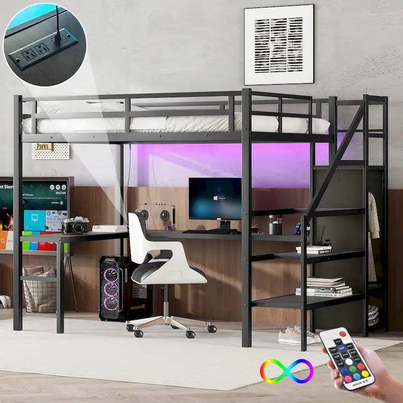 Letto a soppalco in metallo Full XL nero con scrivania a L e USB, armadio e ripiano regolabile, LED per bambini, ragazzi, adulti