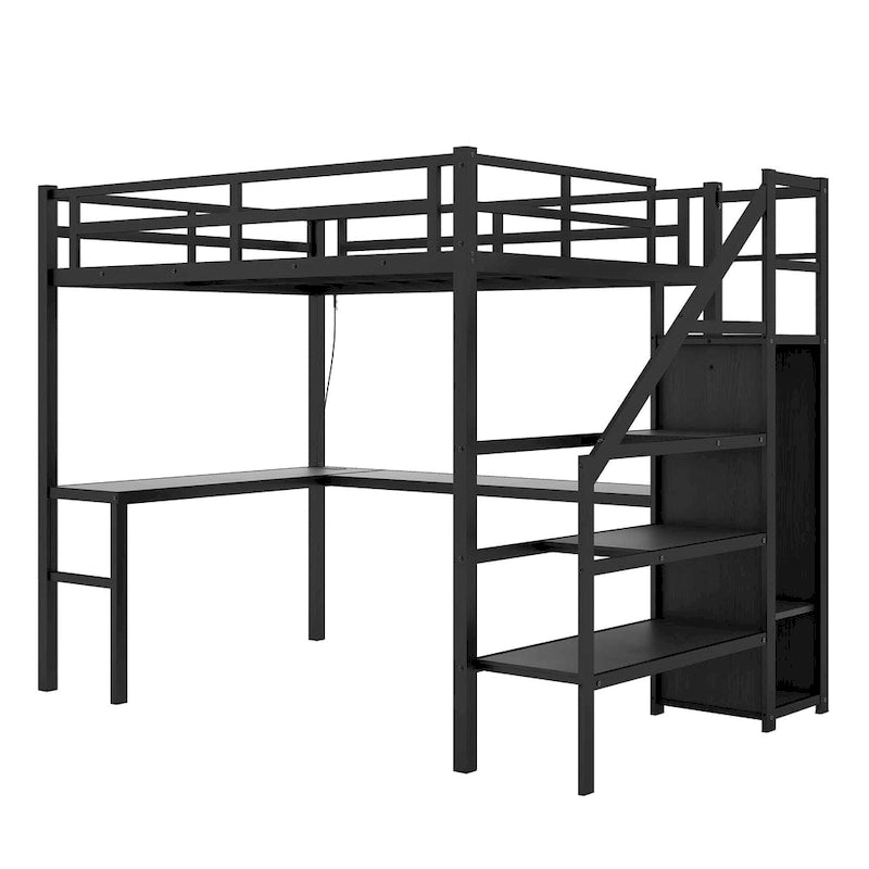 Letto a soppalco in metallo Full XL nero con scrivania a L e USB, armadio e ripiano regolabile, LED per bambini, ragazzi, adulti