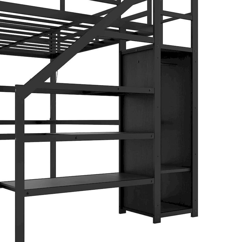 Letto a soppalco in metallo Full XL nero con scrivania a L e USB, armadio e ripiano regolabile, LED per bambini, ragazzi, adulti