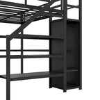Letto a soppalco in metallo Full XL nero con scrivania a L e USB, armadio e ripiano regolabile, LED per bambini, ragazzi, adulti