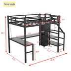 Letto a soppalco in metallo Full XL nero con scrivania a L e USB, armadio e ripiano regolabile, LED per bambini, ragazzi, adulti