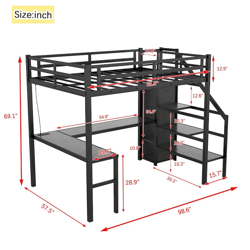 Letto a soppalco in metallo Full XL nero con scrivania a L e USB, armadio e ripiano regolabile, LED per bambini, ragazzi, adulti