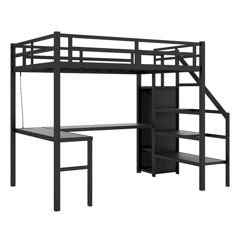 Letto a soppalco in metallo Full XL nero con scrivania a L e USB, armadio e ripiano regolabile, LED per bambini, ragazzi, adulti