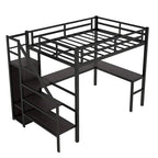 Letto a soppalco in metallo Full XL nero con scrivania a L e USB, armadio e ripiano regolabile, LED per bambini, ragazzi, adulti
