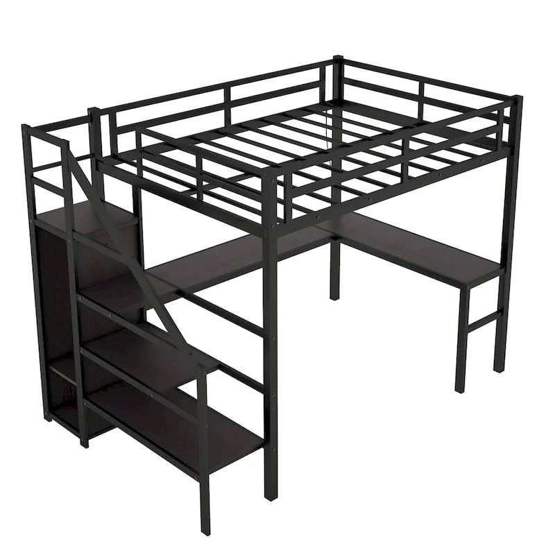 Letto a soppalco in metallo Full XL nero con scrivania a L e USB, armadio e ripiano regolabile, LED per bambini, ragazzi, adulti