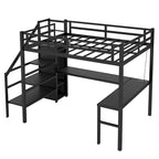 Letto a soppalco in metallo Full XL nero con scrivania a L e USB, armadio e ripiano regolabile, LED per bambini, ragazzi, adulti