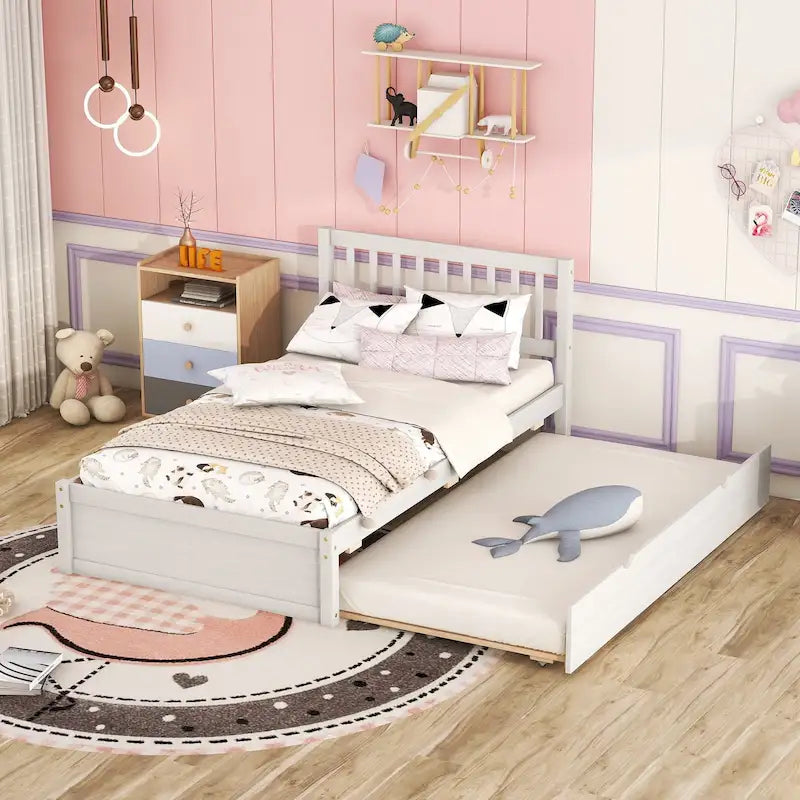Letto a Piattaforma Matrimoniale in Legno di Gomma Noce Bianco con Ruote, Design Elegante, Nessuna Rete a Molle Necessaria