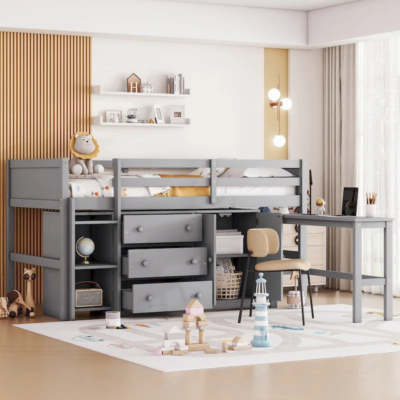Letto a Soppalco Basso per Bambini in Legno Grigio con Scrivania Estraibile, Cassetti, Armadietto e Ripiani