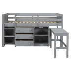 Letto a Soppalco Basso per Bambini in Legno Grigio con Scrivania Estraibile, Cassetti, Armadietto e Ripiani