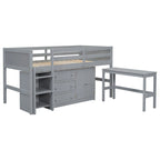 Letto a Soppalco Basso per Bambini in Legno Grigio con Scrivania Estraibile, Cassetti, Armadietto e Ripiani