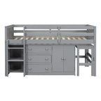 Letto a Soppalco Basso per Bambini in Legno Grigio con Scrivania Estraibile, Cassetti, Armadietto e Ripiani