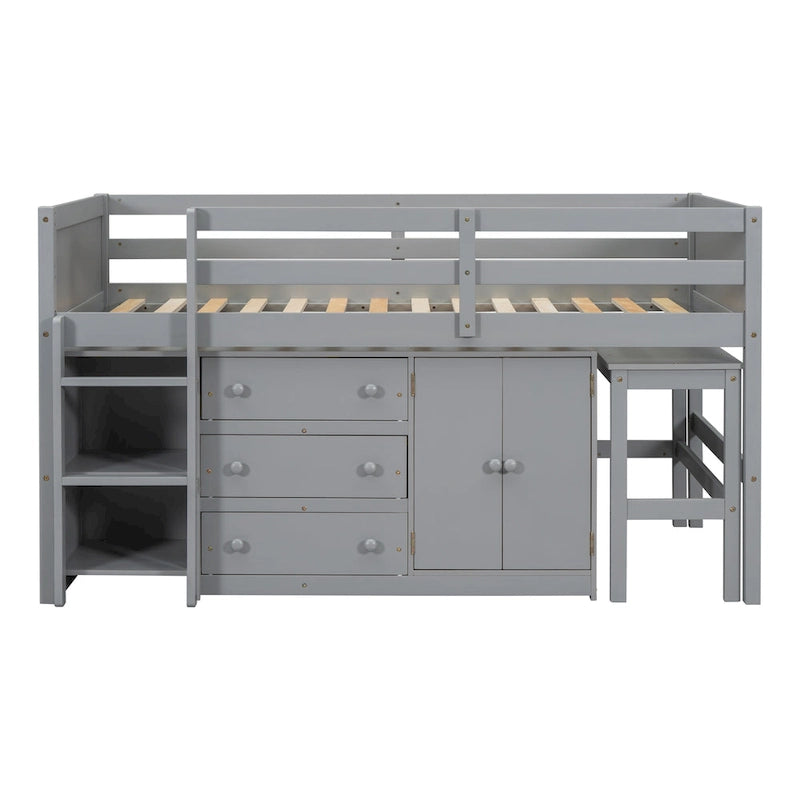 Letto a Soppalco Basso per Bambini in Legno Grigio con Scrivania Estraibile, Cassetti, Armadietto e Ripiani