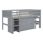 Letto a Soppalco Basso per Bambini in Legno Grigio con Scrivania Estraibile, Cassetti, Armadietto e Ripiani