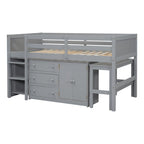 Letto a Soppalco Basso per Bambini in Legno Grigio con Scrivania Estraibile, Cassetti, Armadietto e Ripiani