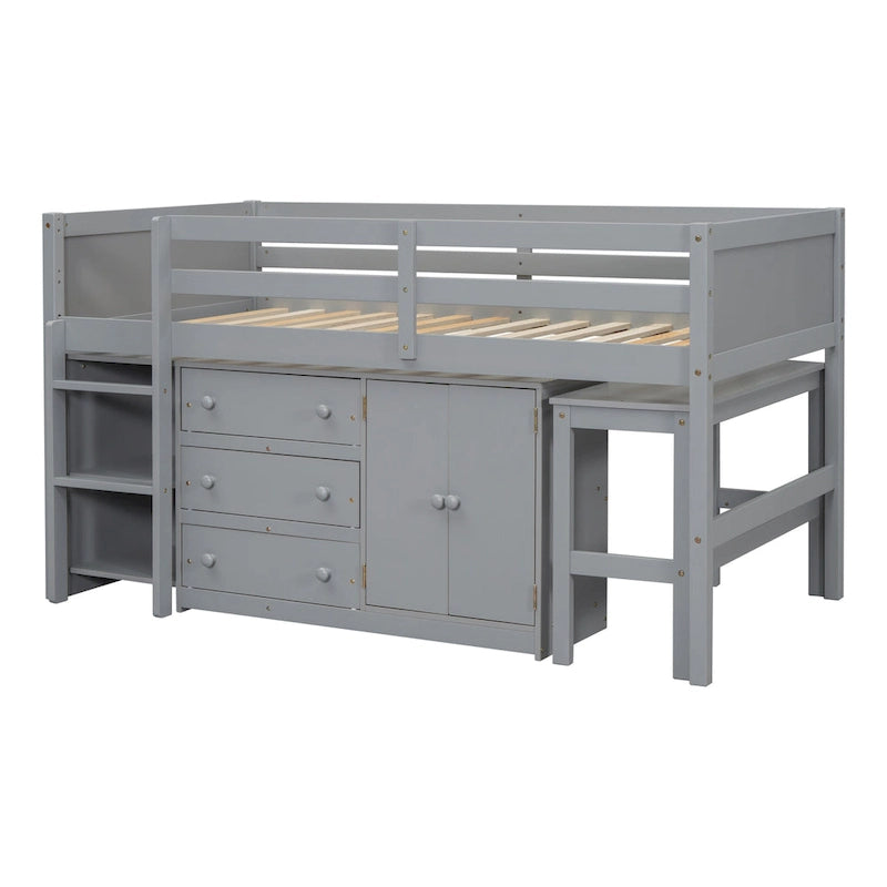 Letto a Soppalco Basso per Bambini in Legno Grigio con Scrivania Estraibile, Cassetti, Armadietto e Ripiani