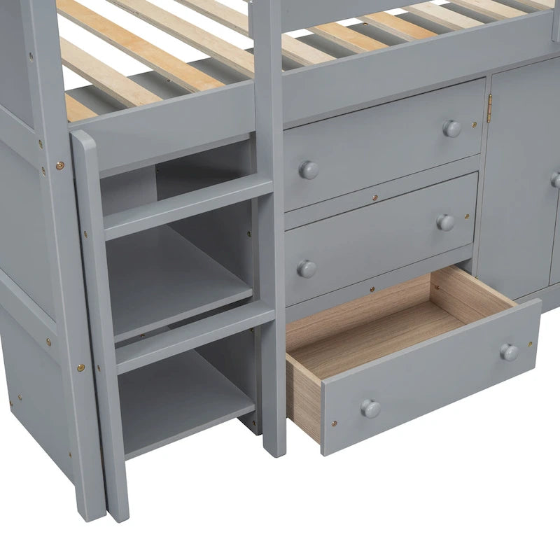 Letto a Soppalco Basso per Bambini in Legno Grigio con Scrivania Estraibile, Cassetti, Armadietto e Ripiani