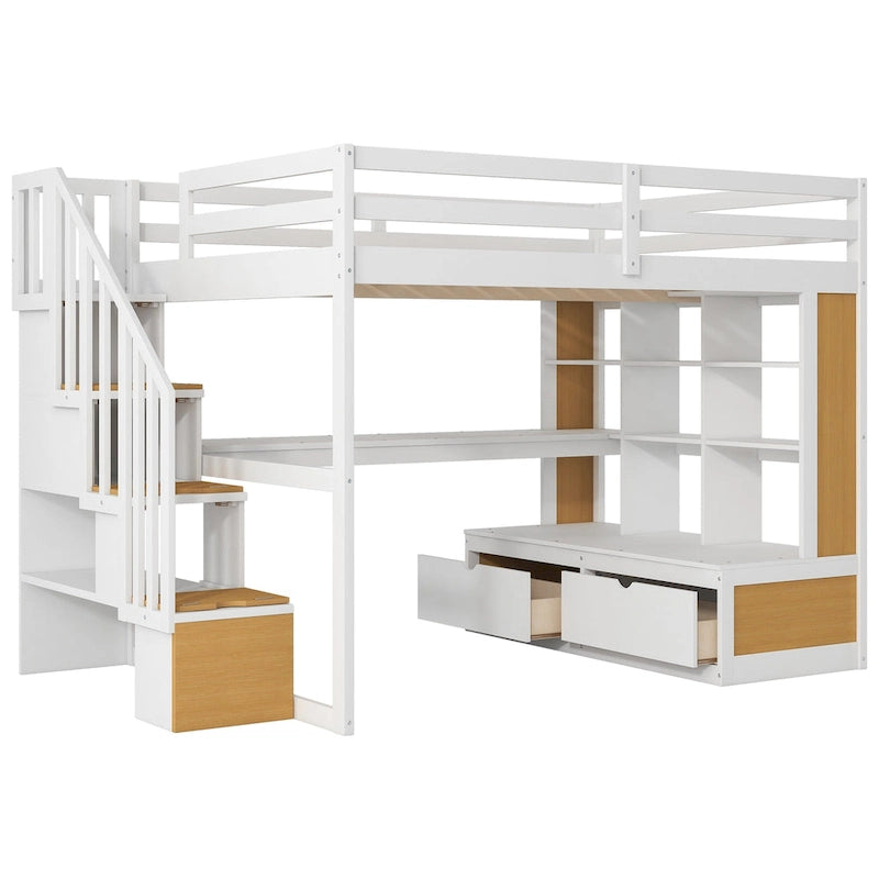 Letto a soppalco in legno massello Full Size Naturale+Bianco con scrivania e mensole, due cassetti integrati, scala contenitore