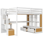 Letto a soppalco in legno massello Full Size Naturale+Bianco con scrivania e mensole, due cassetti integrati, scala contenitore
