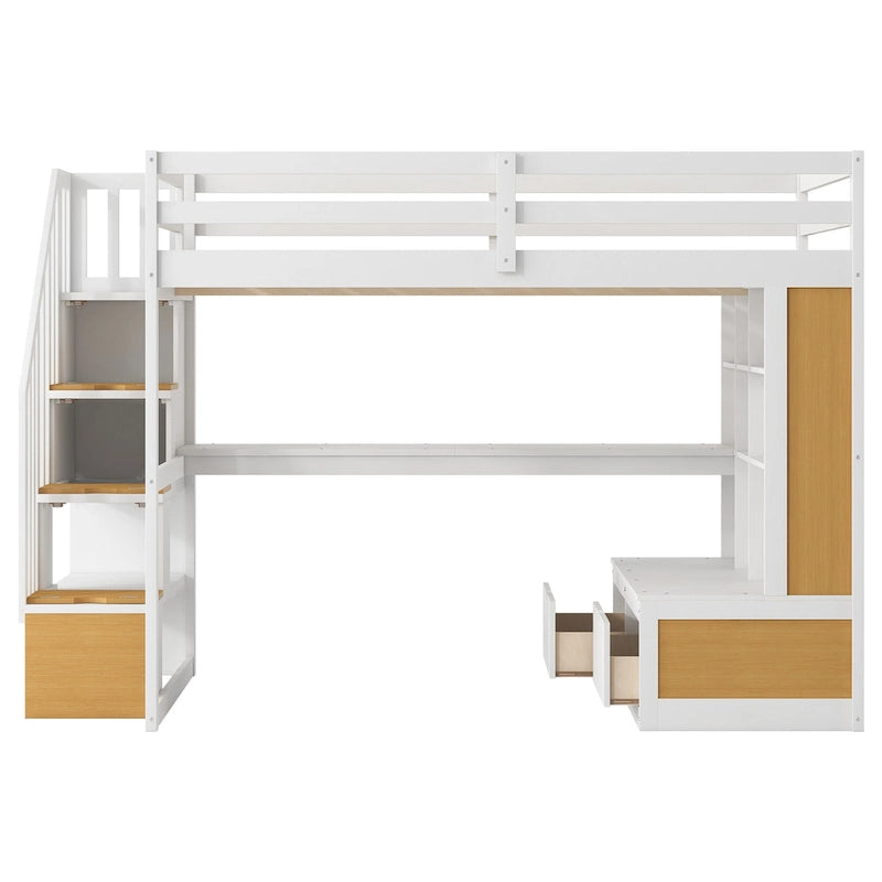 Letto a soppalco in legno massello Full Size Naturale+Bianco con scrivania e mensole, due cassetti integrati, scala contenitore