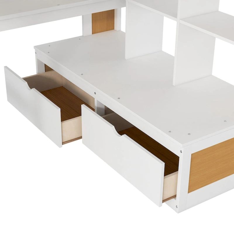 Letto a soppalco in legno massello Full Size Naturale+Bianco con scrivania e mensole, due cassetti integrati, scala contenitore