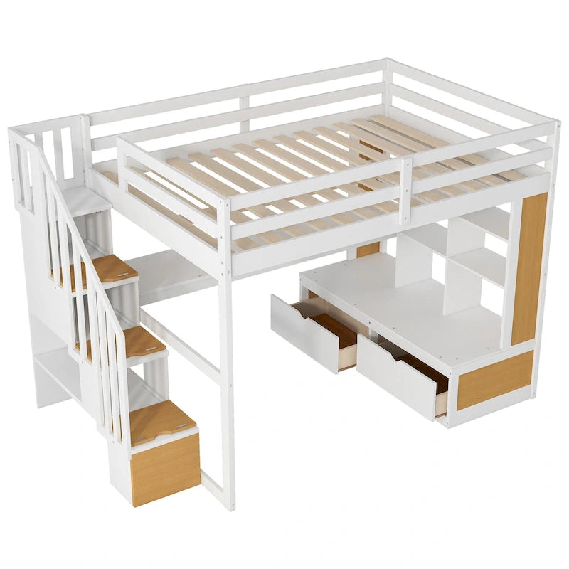 Letto a soppalco in legno massello Full Size Naturale+Bianco con scrivania e mensole, due cassetti integrati, scala contenitore