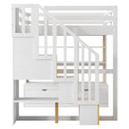 Letto a soppalco in legno massello Full Size Naturale+Bianco con scrivania e mensole, due cassetti integrati, scala contenitore