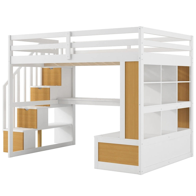Letto a soppalco in legno massello Full Size Naturale+Bianco con scrivania e mensole, due cassetti integrati, scala contenitore