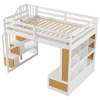 Letto a soppalco in legno massello Full Size Naturale+Bianco con scrivania e mensole, due cassetti integrati, scala contenitore